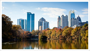 Atlanta skyline overlooking lake